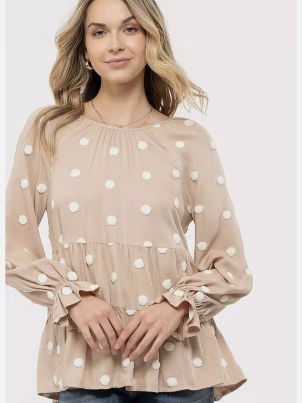Blu Pepper blue/grey & Ivory Polka Dot Round Neck Tie Babydoll Top Women’s Small - Picture 6 of 6